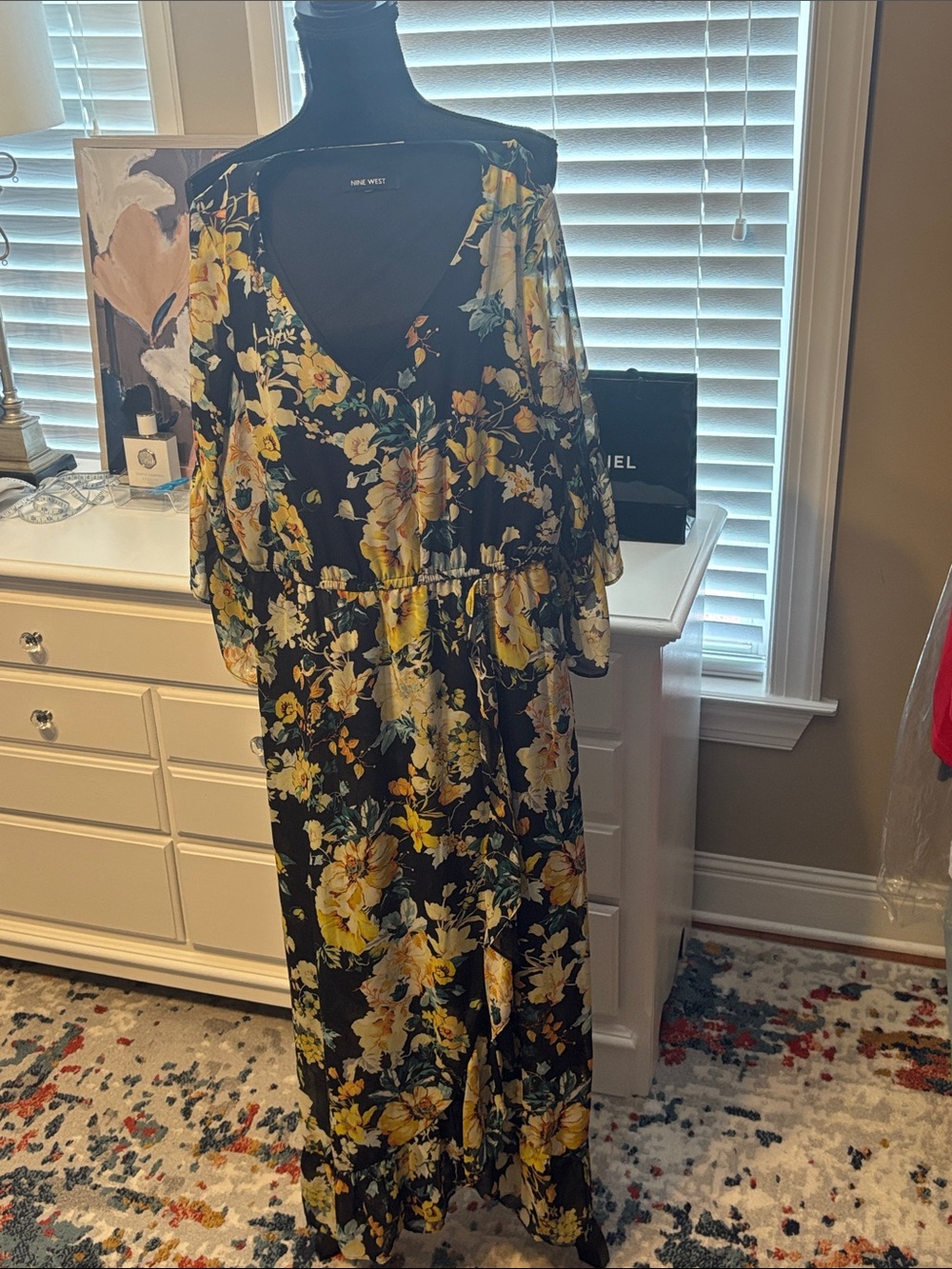 Nine West Black Midi/Maxi Dress with Yellow Floral Print